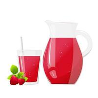 Lemonade juice jug and glass with raspberries. Refreshing drink. For design of fresh product, juice, canned food, menu for cafe, poster. Flat vector illustration design