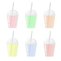 Plastic cup with dome cap and cocktail tube, color. For milkshake and lemonade, juice, tea and smoothie. Vector illustration