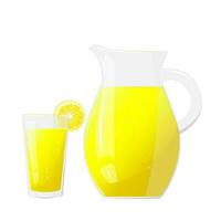 Lemonade juice jug and glass with  lemon fruit. Refreshing drink. For design of fresh product, juice, canned food, menu for cafe, poster. Flat vector illustration design