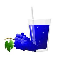 Glass of grape juice and bunch of blue grapes isolated on white background. For labels, menus, poster, print, or packaging design. Vector illustration