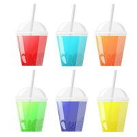 Vector set of cold lemonade, juice and tapioca in a plastic cup. A drink with different tastes and aromas. Isolated design on a white background