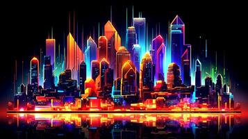 Abstract stylized illustration of a modern city skyline at night in neon colours - generative ai photo