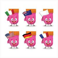 rosado guantes dibujos animados personaje traer el banderas de varios países vector