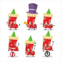 Cartoon character of red christmas socks with various circus shows vector