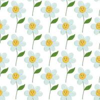 Flower background with smiling chamomiles. Retro style seamless pattern. Cool groovy print with kawaii flower bud, stem and leaf. vector