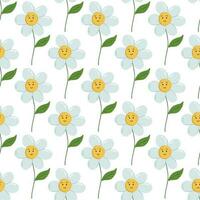 Flower background with smiling chamomiles. Retro style seamless pattern. Cool groovy print with kawaii flower bud, stem and leaf. vector