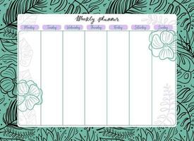 Weekly planner decorated with tropical plant elements. Cute  scheduler and organizer with line art style pattern. Modern stationery. Vector illustration.