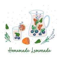 Homemade Lemonade. Composition with pitcher, glass, citrus fruits, mint leaves and herbs. Hand drawn vector illustration for poster, decoration, logo and print. Summer drink  ingredients.