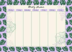 Weekly planner decorated with tropical plant elements. Cute bright scheduler and organizer with monstera leaves. Modern stationery. Vector illustration.