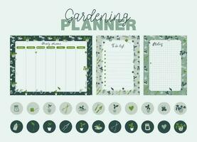 Weekly planner, notes, to do list and stickers decorated with home gardening elements. Scheduler and organizer for plant lover. Retro style green stationery for planning and education. vector