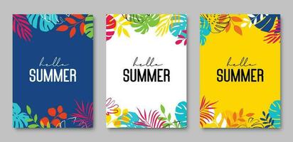 Hello summer tropical with plants and leaf decoration on background. vector