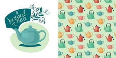 Composition from a teapot, itraves and an inscription. Pattern of colored teapots. Vector image.