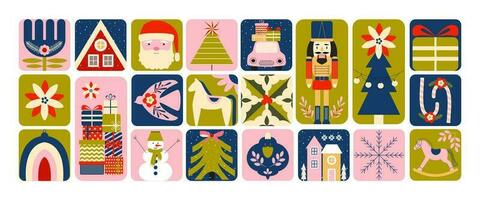 Modern vintage Christmas. New year retro fairy tale. Nutcracker. Scandinavian winter holidays. Christmas tree, Santa, balls, flowers, houses, gifts, snowflakes. Playful stickers, tags, tiles, mosaic. vector