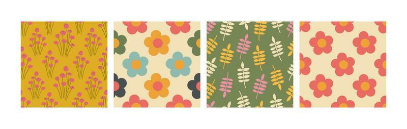 Set of 70s retro groovy floral  patterns. Summer meadow. Floral nostalgia seamless background. Vintage digital paper.