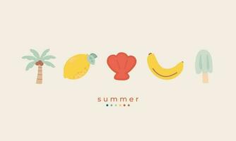 hand drawn illustration set of cute summer elements, palm tree, lemon, shellfish, banana, ice cream. For summertime poster, card, scrapbooking , tag, invitation vector