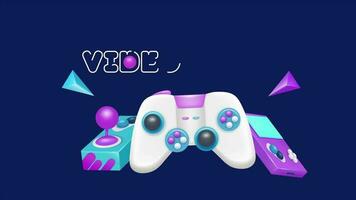 Video Games, 3d animation. White gamepad for gaming, text, pocket console and arcade joystick. isolated on dark purple background. Great for opening animations