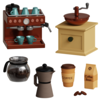 3d weergegeven koffie reeks omvat koffie machine, koffie Slijper, koffie pak, koffie pot, koffie kop perfect voor koffie winkel ontwerp project png