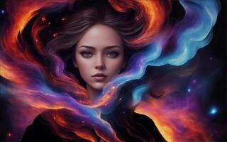 beautiful women with cosmic fire stars, create with photo