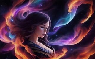 beautiful women with cosmic fire stars, create with photo