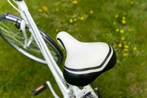 el bicicleta asiento de un hermosa elegante De las mujeres bicicleta foto