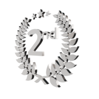 3d render silver laurel wreath with second number. the concept for the second place award in the ceremony event. 3d illustration png