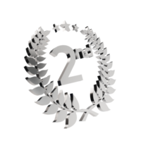 3d geven zilver laurier krans met tweede nummer. de concept voor de tweede plaats prijs in de ceremonie evenement. 3d illustratie png