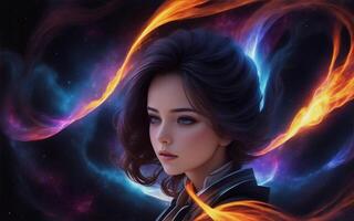 beautiful women with cosmic fire stars, create with photo