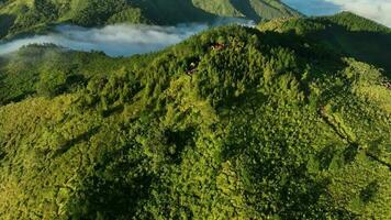 aérien vue de montagnes au dessus le des nuages à lever du soleil. dans le mongkrang collines, Indonésie video