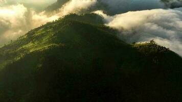 antenne visie van bergen bovenstaand de wolken Bij zonsopkomst. in de mongkrang heuvels, Indonesië video