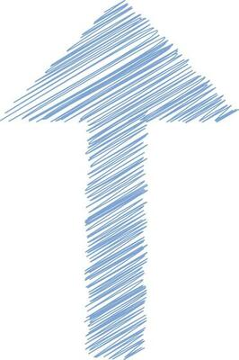 Doodle sketch of up arrow in blue color.