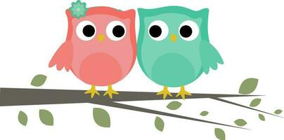 Two cute owls on the tree branch. vector