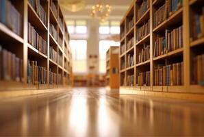 Abstract empty college library interior room. Blurred classroom with bookshelves with defocus effect. photo