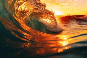 background closeup of beautiful beach waves water with sunset. generative ai photo