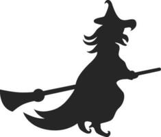 Silhouette image of flying witch on broom. vector