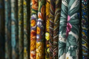 colored women's scarves hang in a row. national traditions photo