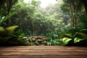 Empty of wood table top on beautiful tropical leaf from garden backgrounds. photo