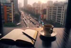 book,pen with a cup of coffee by the window with the beauty of the city view. photo