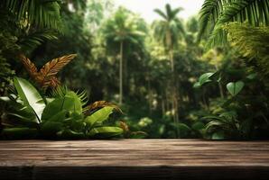 Empty of wood table top on beautiful tropical leaf from garden backgrounds. photo