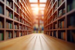 Abstract empty college library interior room. Blurred classroom with bookshelves with defocus effect. photo