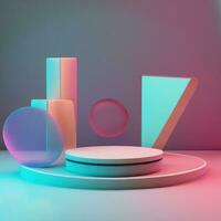 geometric 3d render of modern minimal showcase with empty podium and abstract pastel colored photo