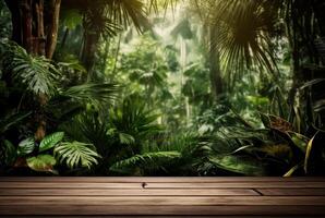 Empty of wood table top on beautiful tropical leaf from garden backgrounds. photo