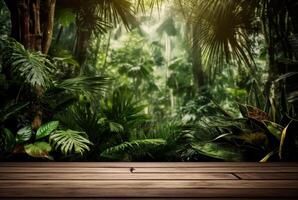 Empty of wood table top on beautiful tropical leaf from garden backgrounds. photo