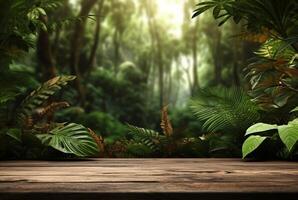 Empty of wood table top on beautiful tropical leaf from garden backgrounds. photo