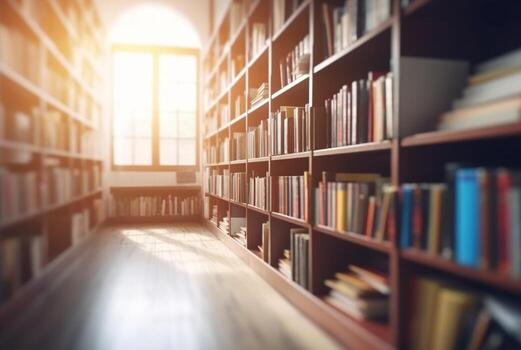 Abstract empty college library interior room. Blurred classroom with bookshelves with defocus effect. photo