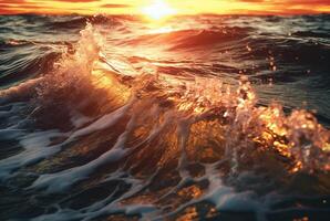 background closeup of beautiful beach waves water with sunset. photo
