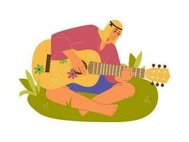 Man hippie sitting on the grass barefoot playing the guitar flat vector illustration. Man from the 70s.