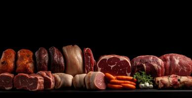 Set of different types of raw meat. Top view on the table. Black background. . photo