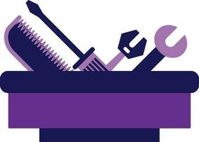 Purple wrench, hacksaw with screwdriver in tub. vector