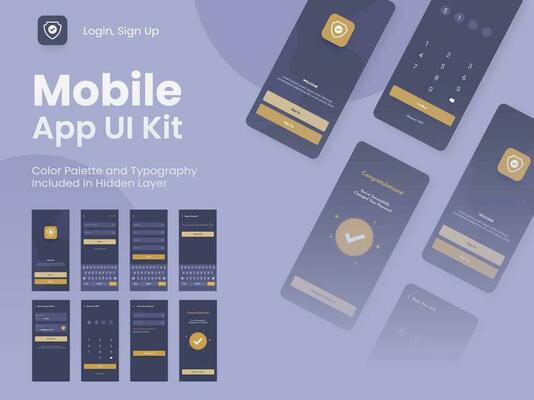 Wireframe UI, UX, GUI Layout With Different Login Screens Including Account Sign In, Sign Up And Lock Screen For Mobile App.