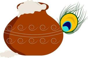 Isolated Butter Pot Makhan With Peacock Feather Over White Background. vector